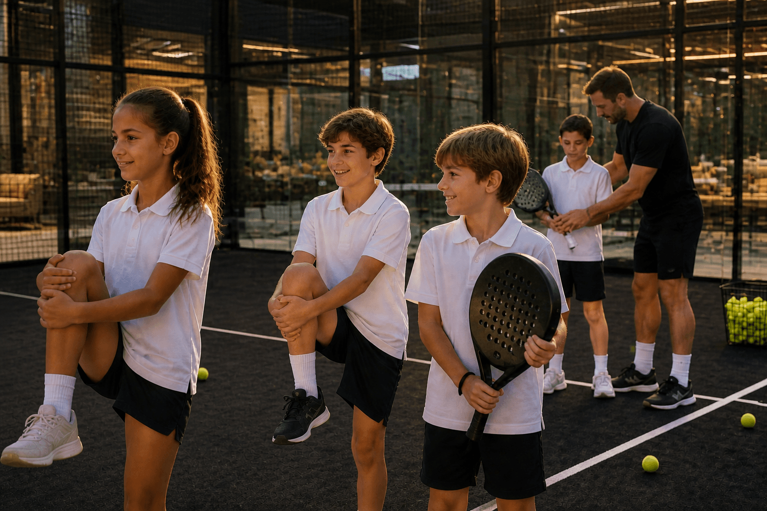 Jeunes joueurs en échauffement sur un terrain de padel — programme SKYBORN