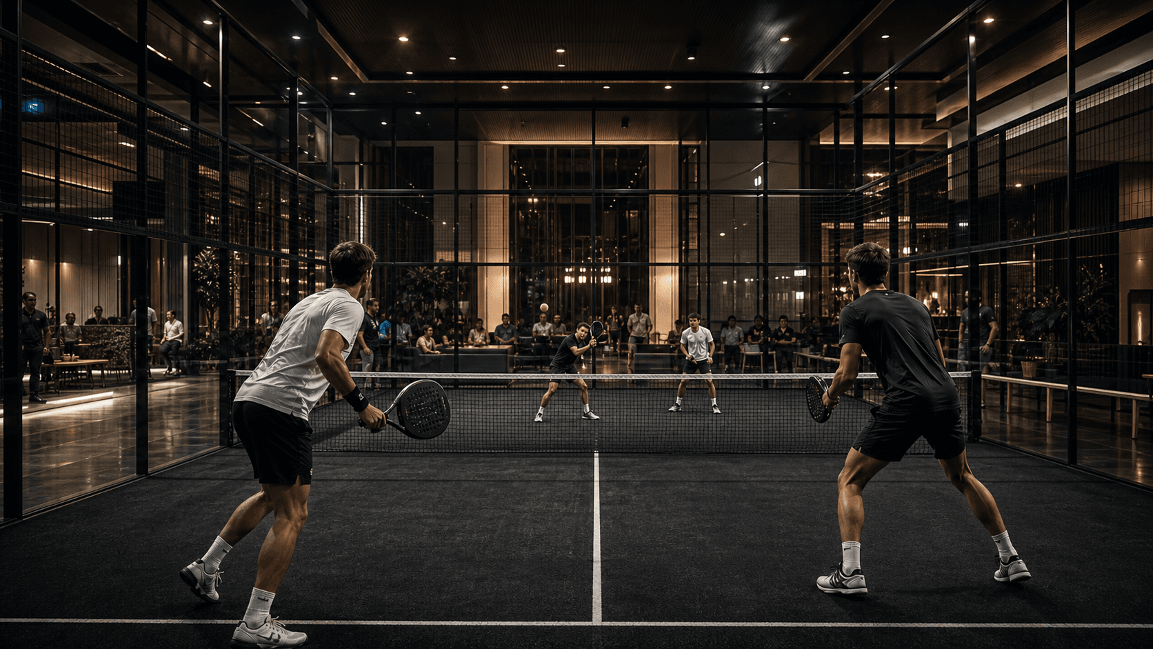Match de padel à Sky, ambiance tournoi en soirée